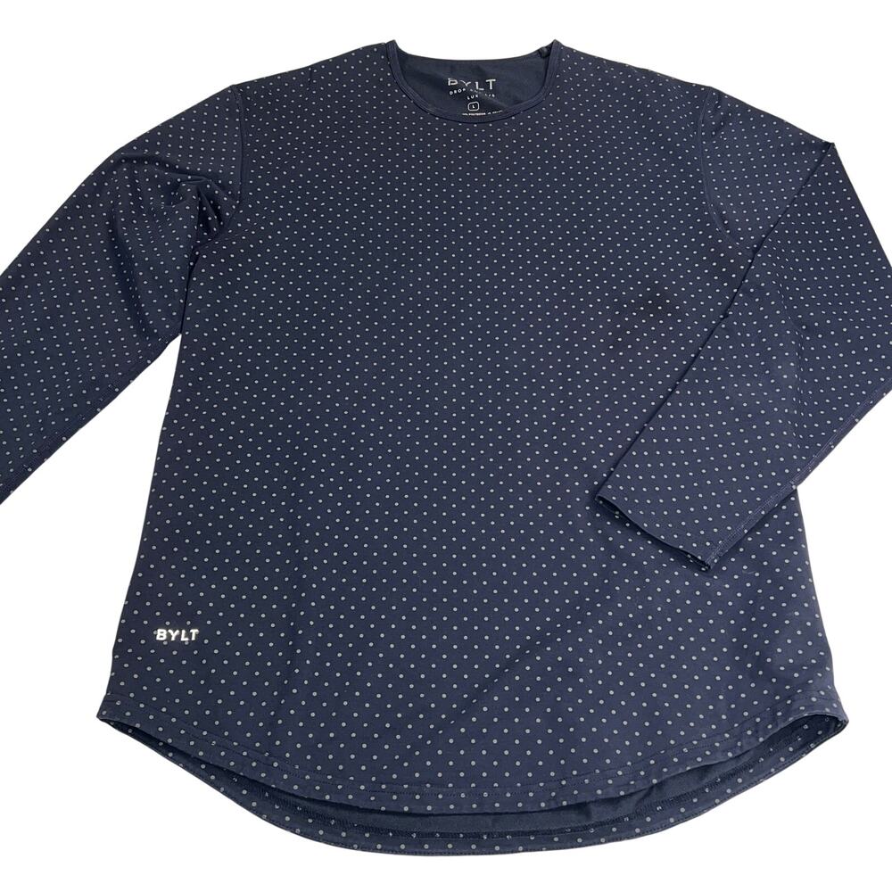 BYLT Drop Cut Long Sleeve Lux Performance Tee Shirt Navy Gray Dotted Size L